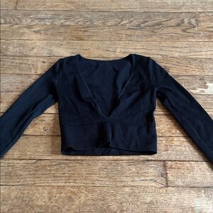 Black Ribbed Deep V-Neck Long Sleeve Cropped Top - Women